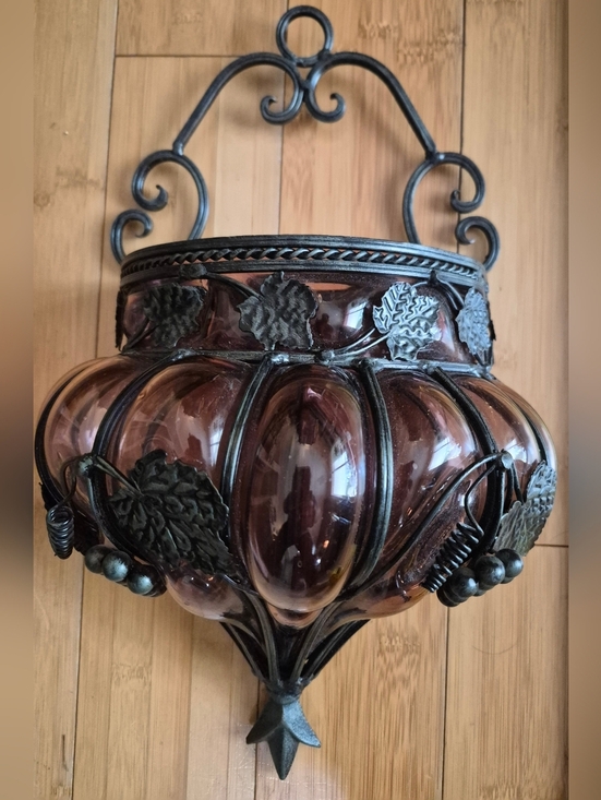Other - Caged Purple Glass Wall Hang Planter Grape leaves Motif VTG Gothic Victorian